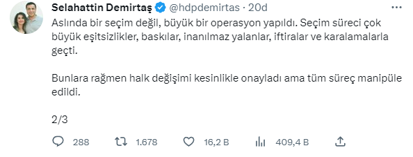 Cumhurbaşkanı Erdoğan'ın seçimi kazanması sonrası Demirtaş'tan art arda paylaşımlar: Asla teslim olmak yok