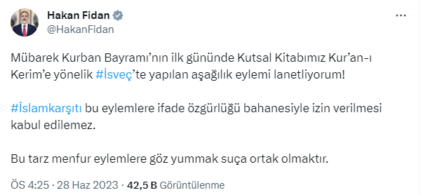 Dışişleri Bakanı Hakan Fidan'dan İsveç'teki Kur'an-ı Kerim yakma eylemine tepki: İfade özgürlüğü bahanesiyle izin verilmesi kabul edilemez