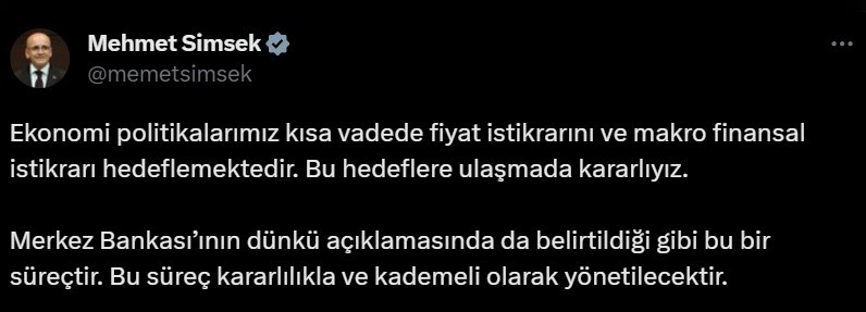 Bakan Şimşek: '(İstikrar) Süreç kararlılıkla ve kademeli olarak yönetilecektir'