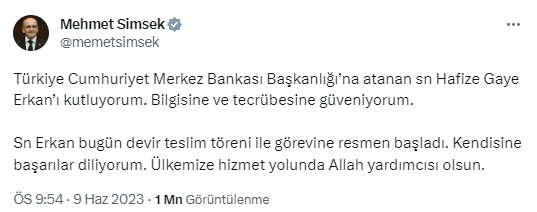 Bakan Şimşek, Merkez Bankası Başkanı Erkan'dan övgüyle bahsetti: Onunla çalışmayı dört gözle bekliyorum