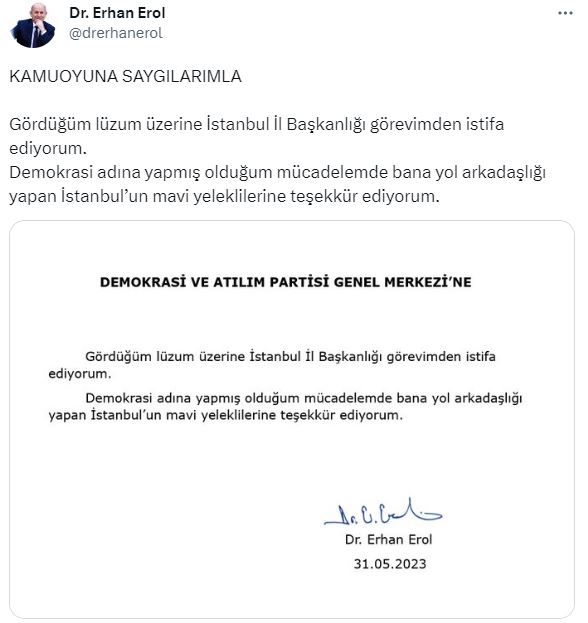 DEVA Partisi İstanbul İl Başkanı Erhan Erol istifa etti