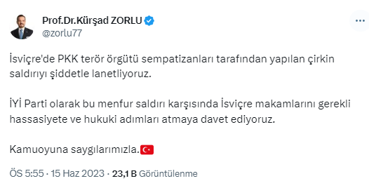 İYİ Parti'den İsviçre'de Cumhurbaşkanı Erdoğan ve Türk bayrağına yapılan çirkin saldırıya tepki: Şiddetle lanetliyoruz