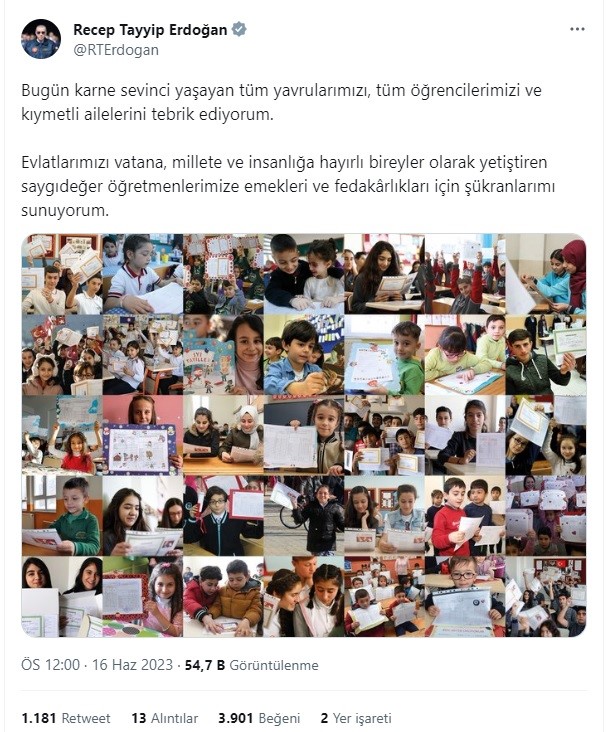 Cumhurbaşkanı Erdoğan karne alan tüm öğrencileri tebrik etti