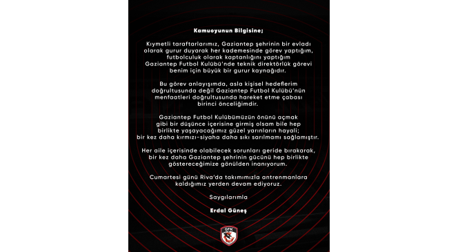 Gaziantep FK’dan Erdal Güneş açıklaması