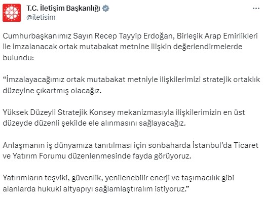 Son Dakika: Türkiye ile Birleşik Arap Emirlikleri arasında 50.7 milyar dolarlık anlaşma imzalandı