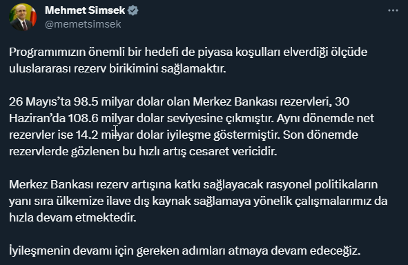 Son Dakika! Bakan Şimşek: Merkez Bankası rezervleri 108 milyar dolar seviyesine çıktı, bu hızlı artış cesaret verici