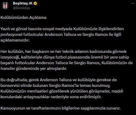 Beşiktaş’tan Talisca ve Ramos açıklaması