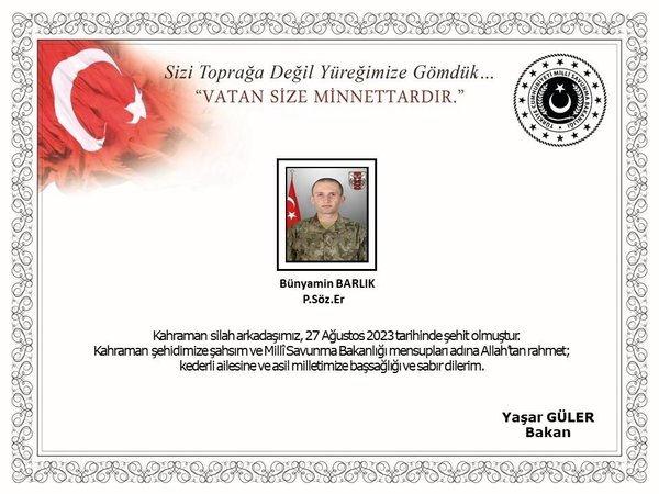 MSB duyurdu: 1 askerimiz şehit oldu