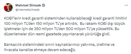 Bakan Şimşek'ten KOBİ'lerin kredi garanti limitinin artırılmasına ilk yorum: Kaynaklarımızı yatırıma, üretime ve ihracata kanalize edeceğiz