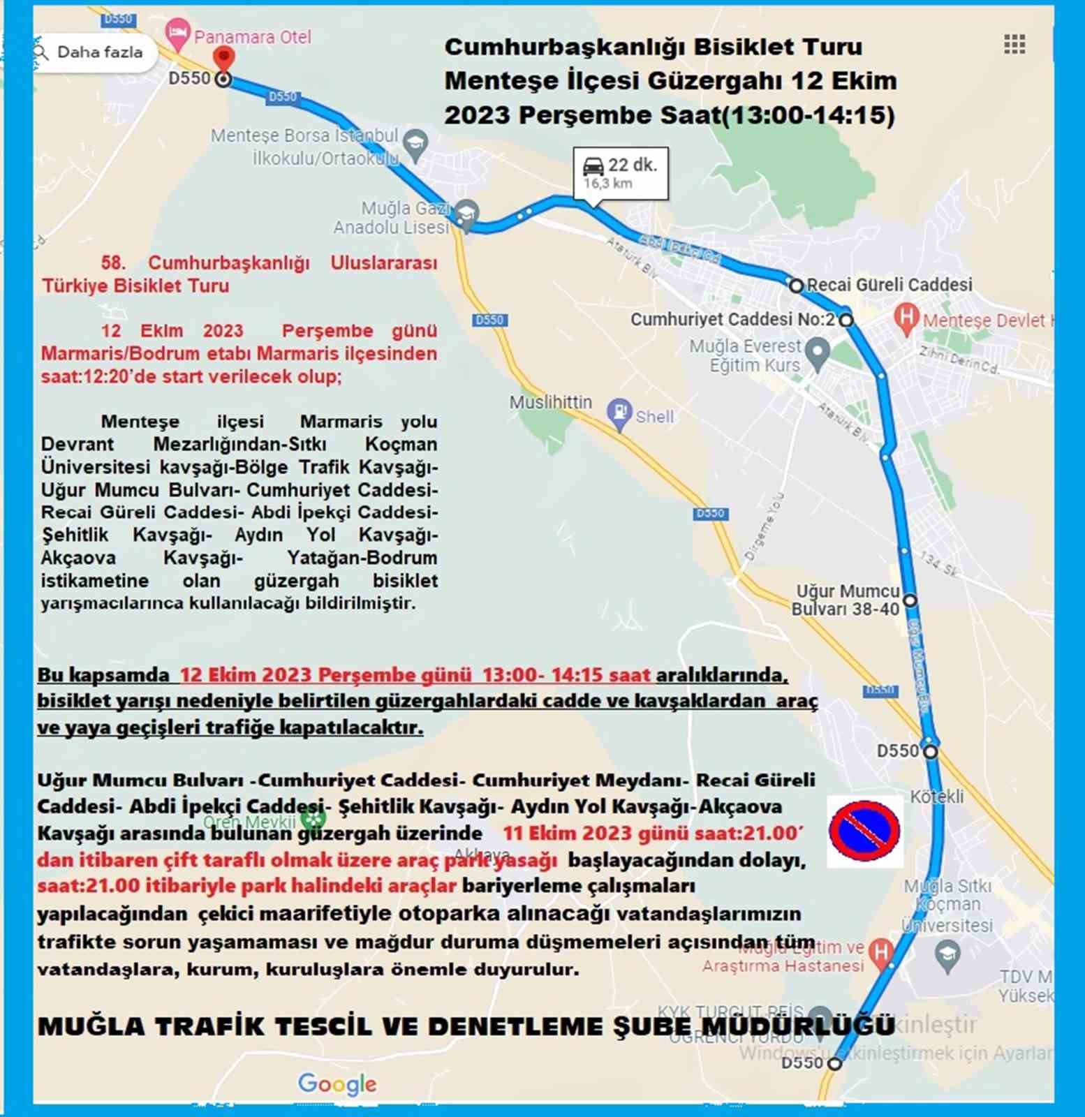 Menteşe’de 12 Ekim’de bazı yollar trafiğe kapatılıyor