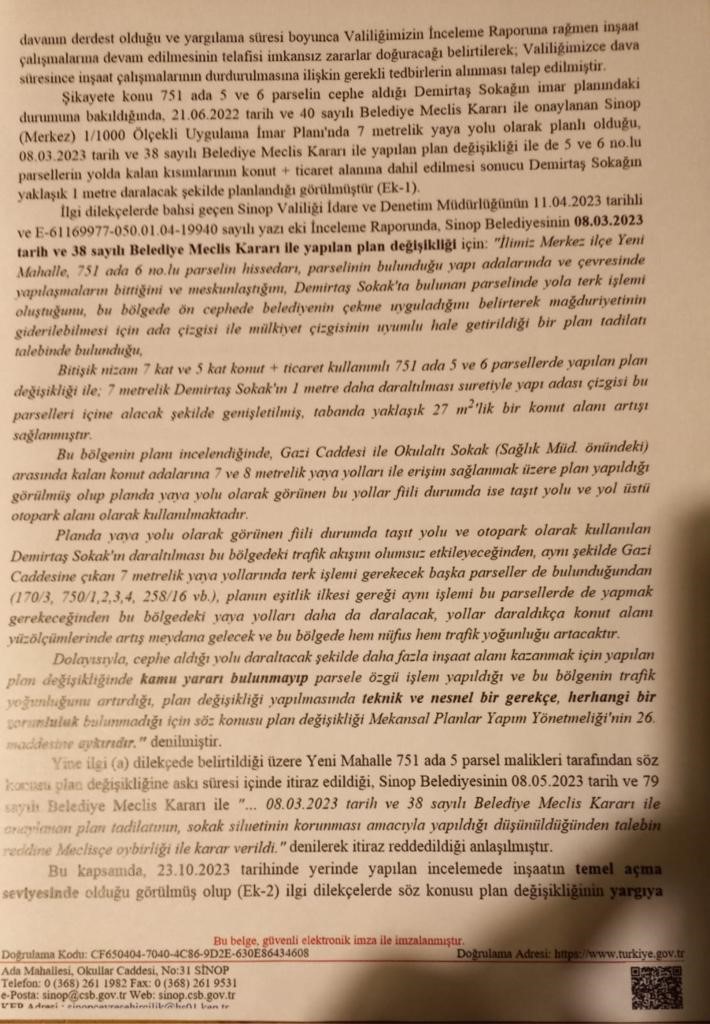 Sinop Belediyesinin ‘kişiye özel imar planı değişikliği’ mahkemelik