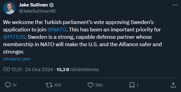 İsveç'in NATO üyeliğinin TBMM'de kabul edilmesiyle ilgili ABD Büyükelçisi Flake'ten açıklama