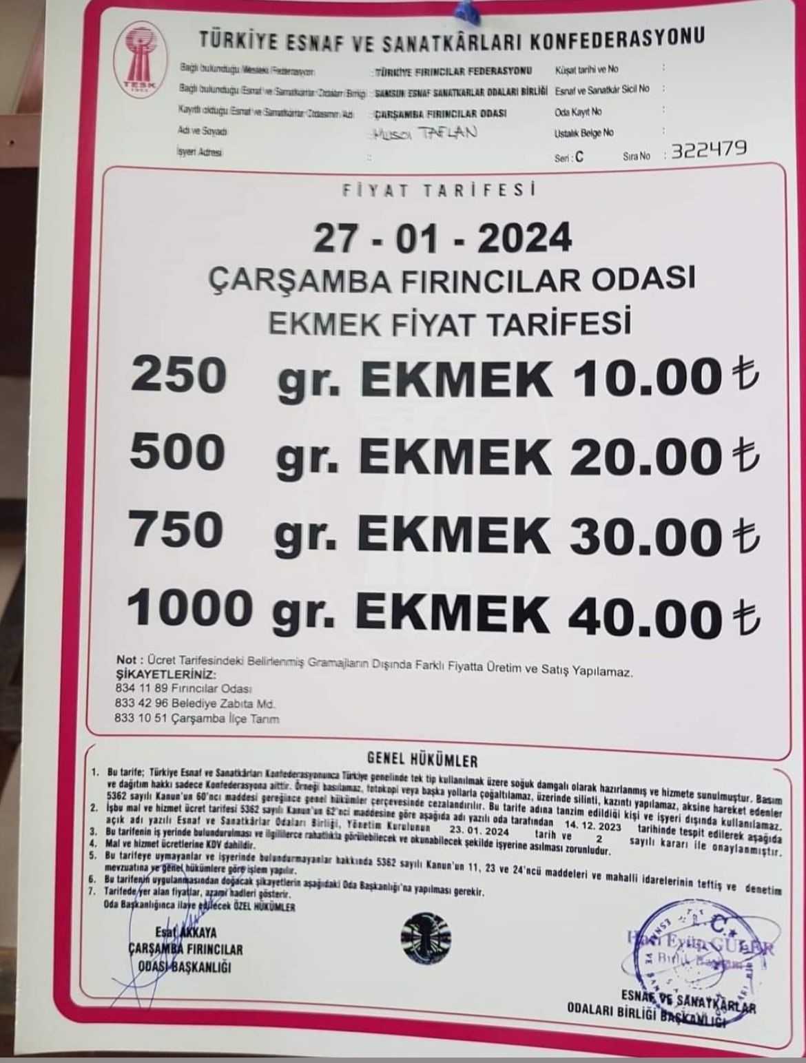 Çarşamba’da ekmek fiyatı 10 TL oldu