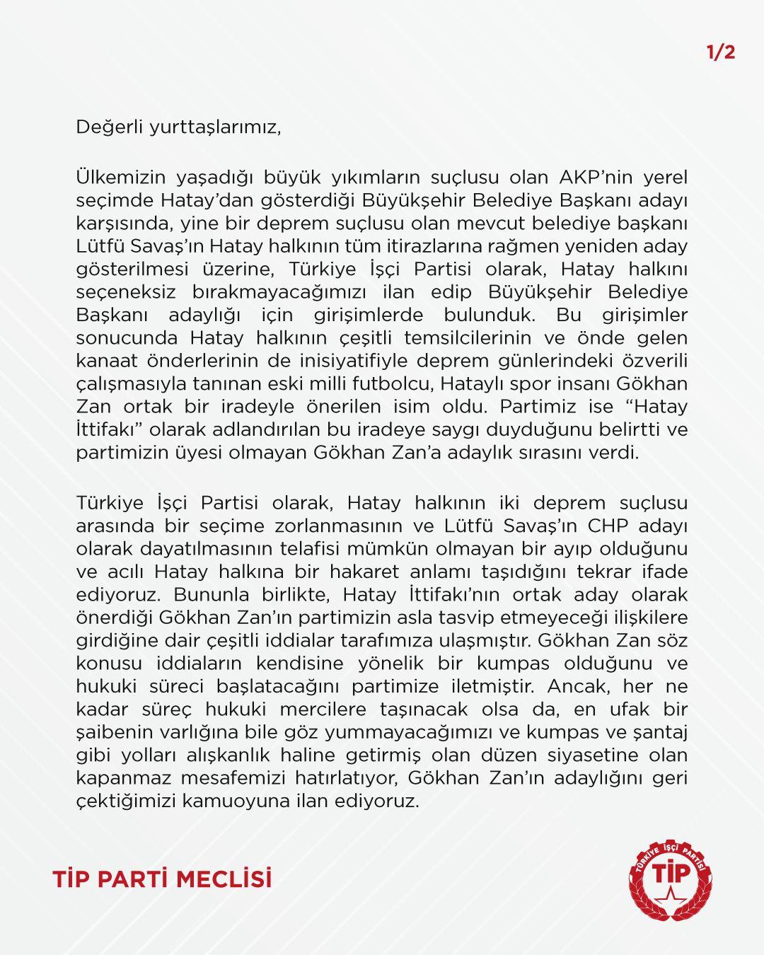 TİP'ten Hatay kararı! Gökhan Zan'dan desteği çektiler! Zan'dan rest: Çekilmedim!