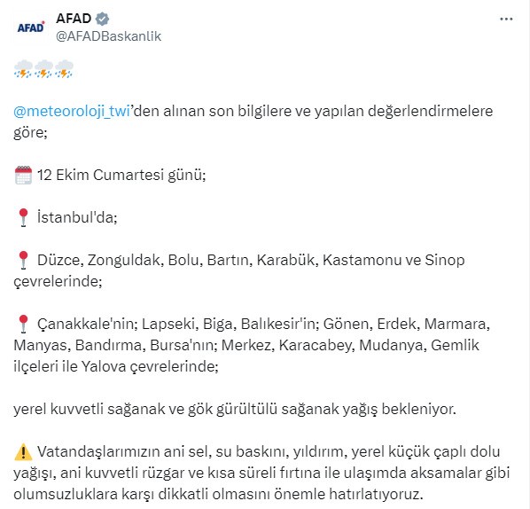 AFAD’dan 12 il için sağanak yağış uyarısı