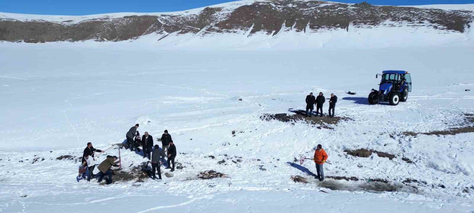 Buz tutan gölette ‘Eskimo’ usulü balık avı